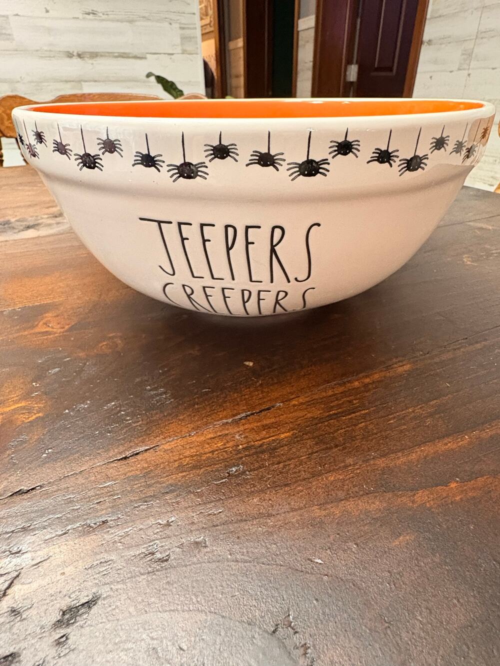 Rae Dunn Jeepers Creepers Halloween Spider Serving Bowl Orange Interior